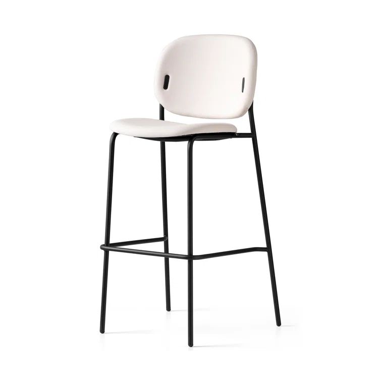 Sand-Toned Square Back Upholstered Bar Stool in Lacquered Metal