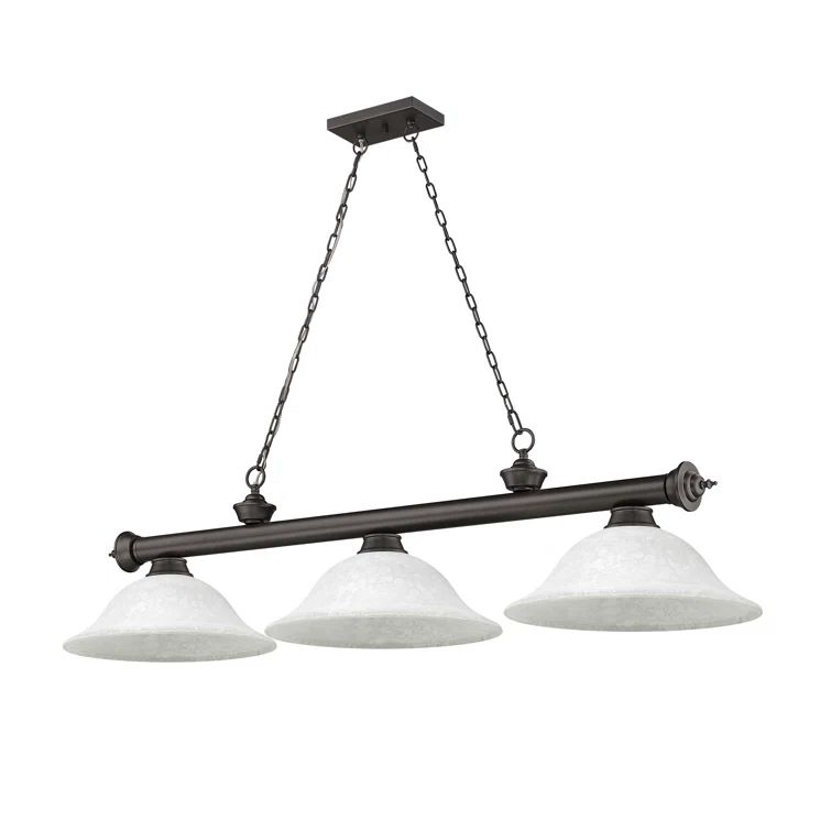 Bronze 3-Light Billiard Pendant with White Mottle Shades