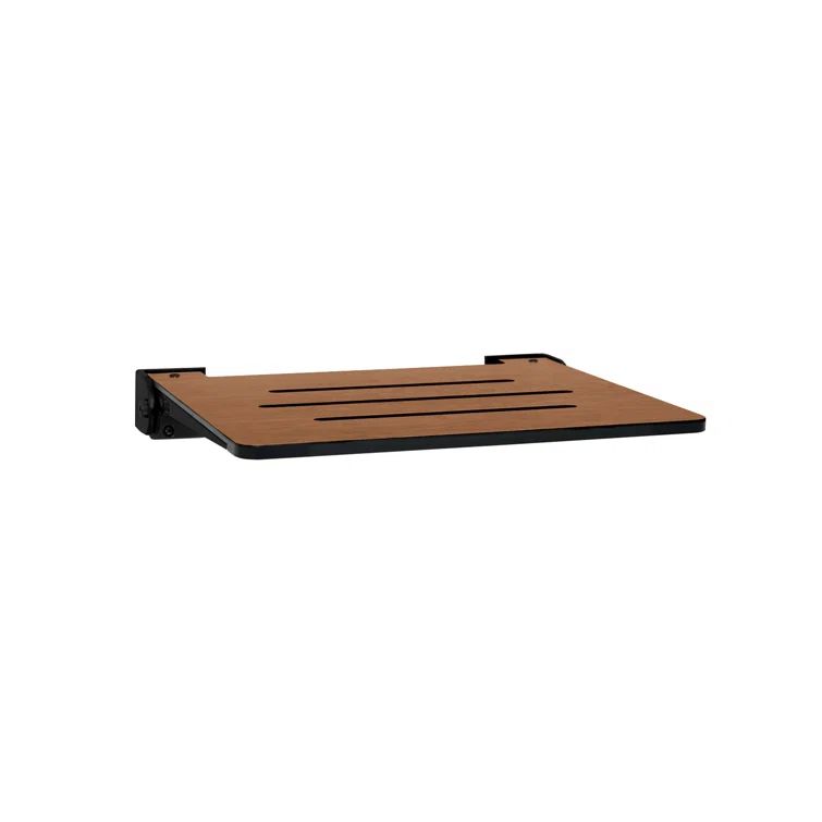 Rustic Teak Folding Wall Mount Shower Bench Seat with Matte Black Frame