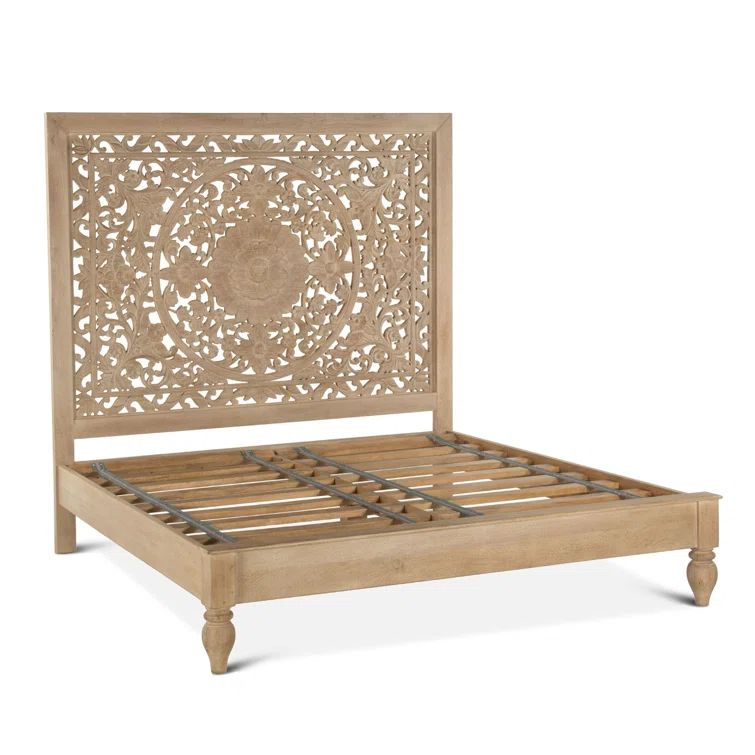 Transitional Heirloom Mango Wood Queen Platform Bed with Carved Headboard