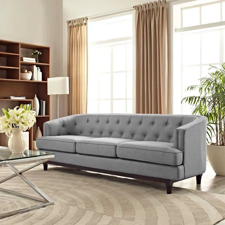 Elegant Light Gray Tufted Fabric Sofa with Walnut Wood Legs