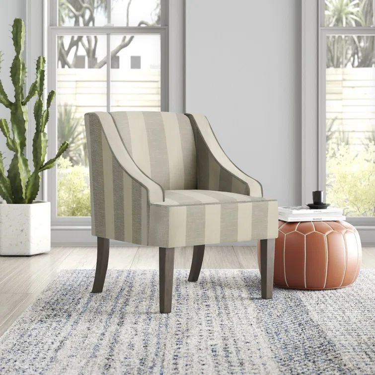Classic Gray Stripe Swoop Armchair with Wood Legs