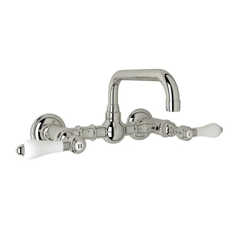 Polished Nickel Wall Mounted Brass Bathroom Faucet with Porcelain Handles