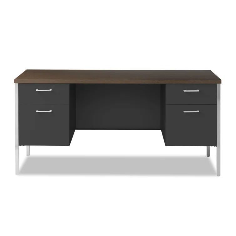 Walnut and Black Executive Desk with Filing Cabinets and Drawers