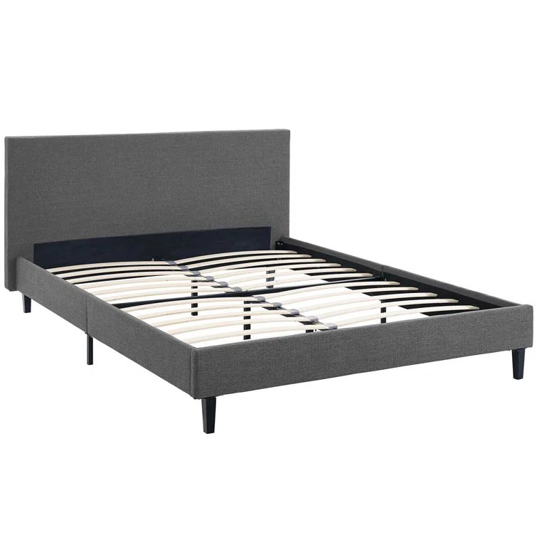 Gray Full Upholstered Platform Bed with Wood Slats