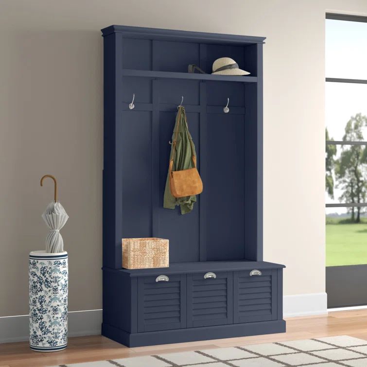 Navy Wood Hall Tree with Storage Bench and Coat Hooks