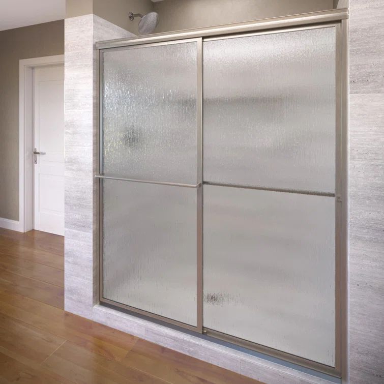 Deluxe Brushed Nickel 44" Frameless Sliding Shower Door with Rain Glass
