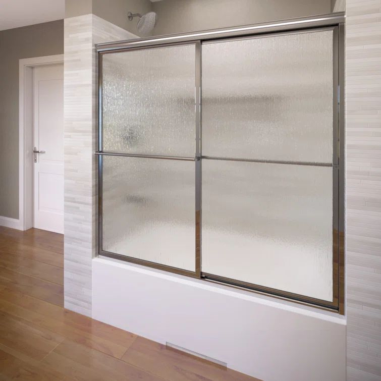 Deluxe Brushed Nickel Framed Sliding Tub Door with Rain Glass