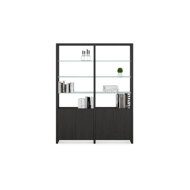 Charcoal Stained Ash Adjustable Hardwood Veneer Bookcase with Glass Shelves