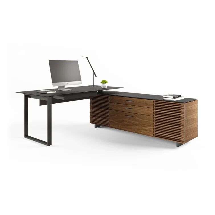 Corridor Natural Walnut Executive L-Shaped Desk with Glass Top