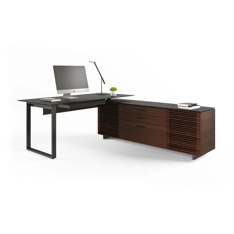 Executive Chocolate Walnut L-Shaped Desk with Glass Top and Drawers