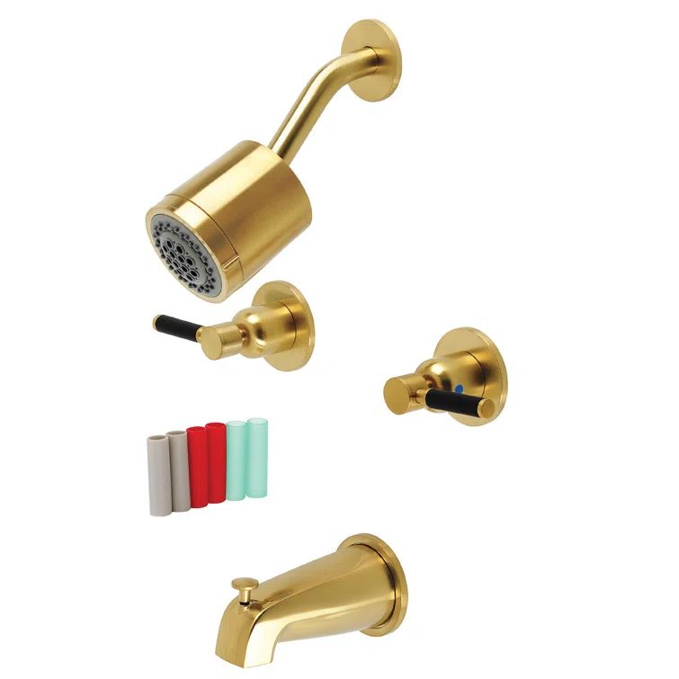 Brushed Brass Multi-Head Wall Mounted Tub and Shower Faucet