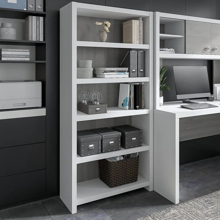 Echo Pure White and Modern Gray Adjustable Wood 5 Shelf Bookcase
