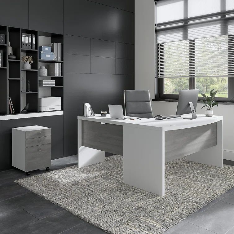 Echo Pure White and Modern Gray L-Shaped Bow Front Desk with Filing Cabinet