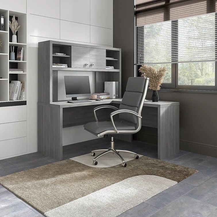 Modern Gray Wood L-Shaped Computer Desk with Hutch and Drawer