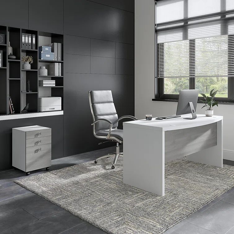 Pure White and Modern Gray Bow Front Desk with Mobile File Cabinet