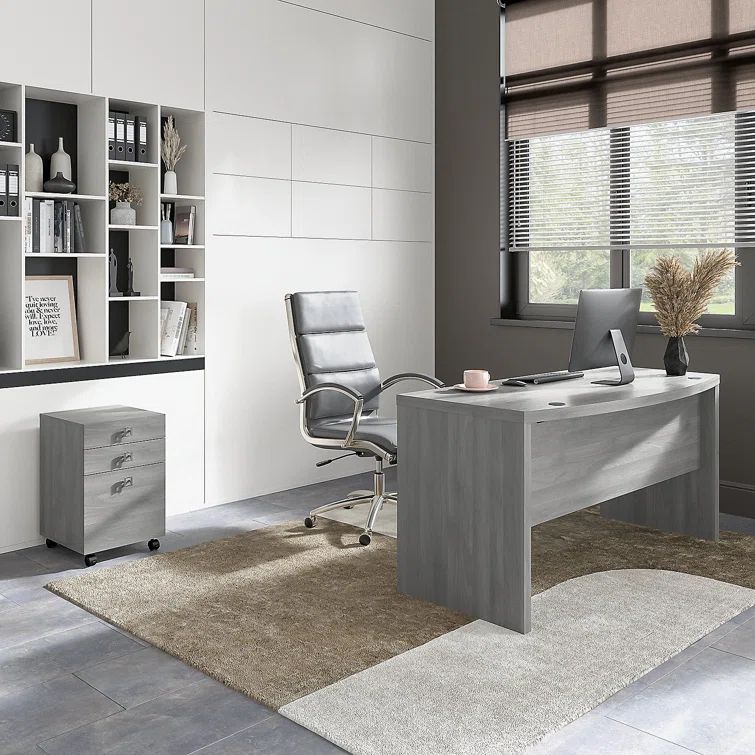 Modern Gray Thermally Fused Laminate Bow Front Desk with Mobile File Cabinet