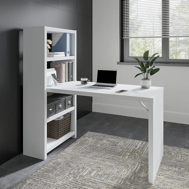 Echo 56W Pure White and Gray Wood Bookcase Desk