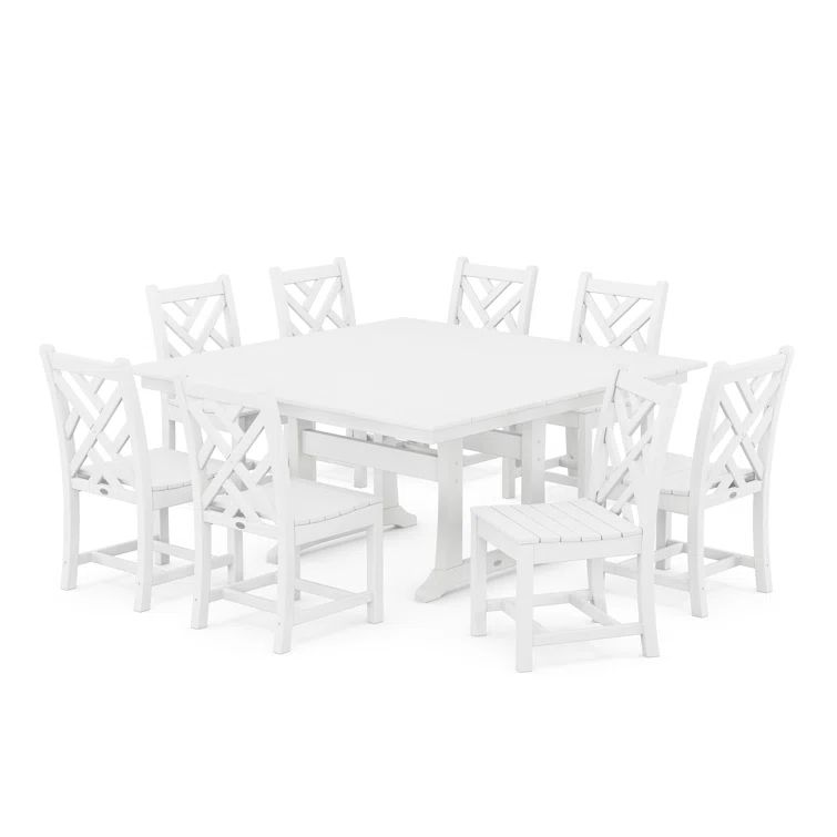 White 9-Piece Farmhouse Trestle Dining Set with Chippendale Chairs