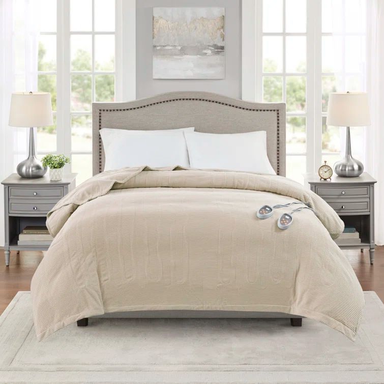 Soft Beige Full-Size Reversible Micro Fleece Heated Blanket