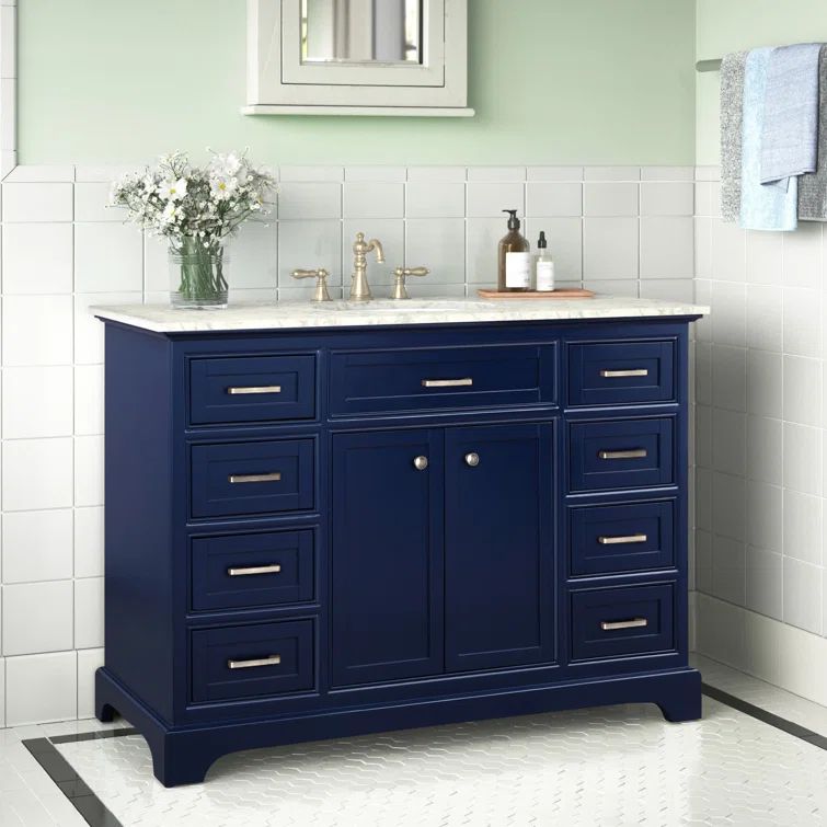 Elegant Blue Solid Wood and MDF Single Bathroom Vanity with Marble Top