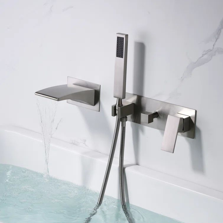 Brushed Nickel Wall Mount Tub Filler with Waterfall Spout and Handheld Shower