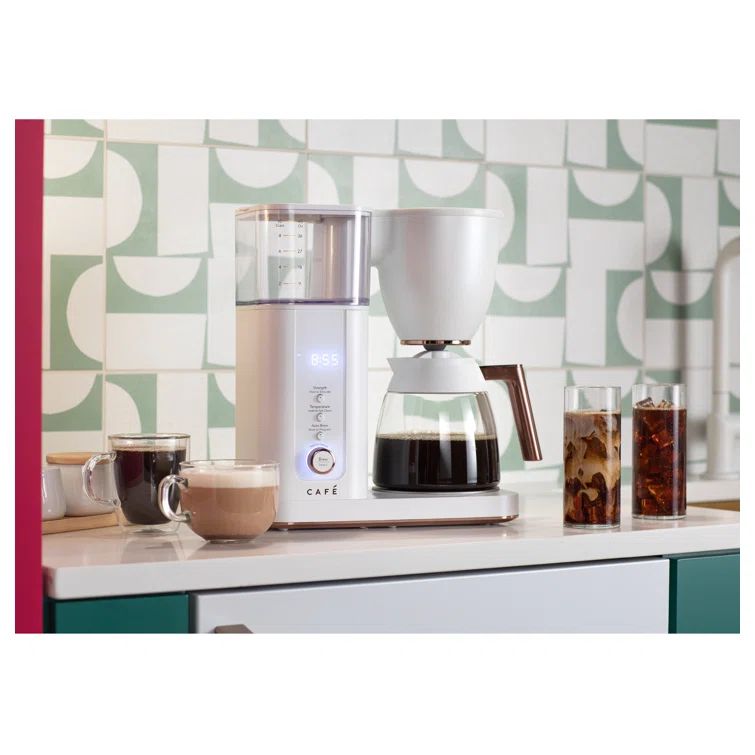 Matte White 10-Cup Drip Coffee Maker with Glass Carafe and Copper Accents