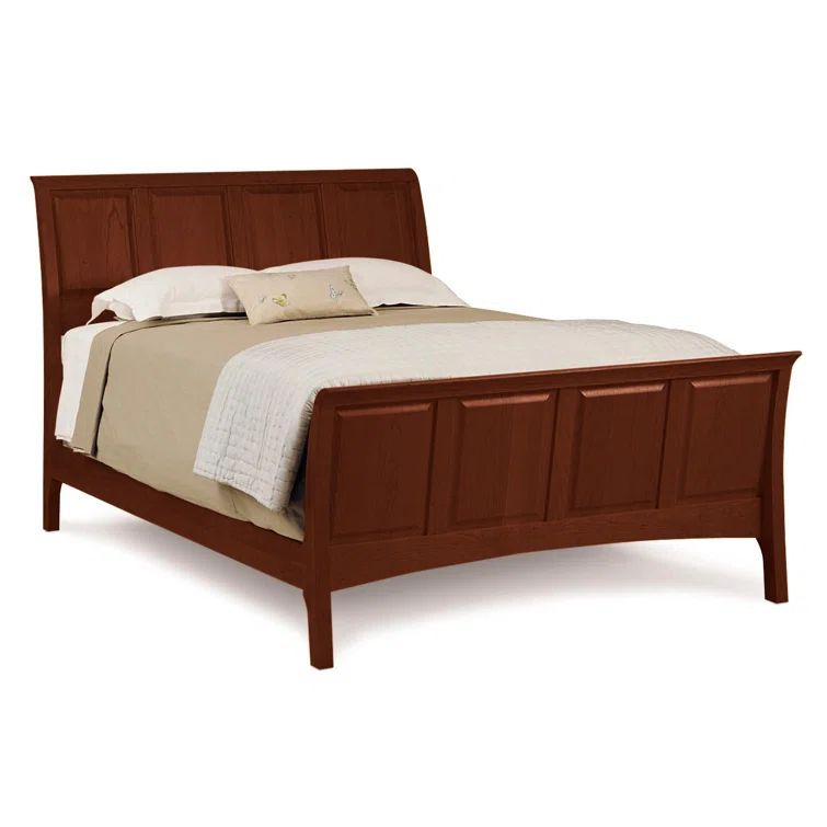 Twin Cognac Cherry Solid Wood Sleigh Bed with Upholstered Headboard