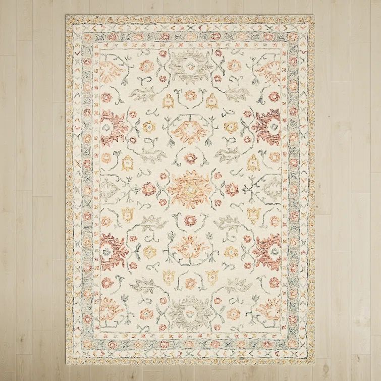 Handmade Ivory Wool Rectangular Floral Area Rug