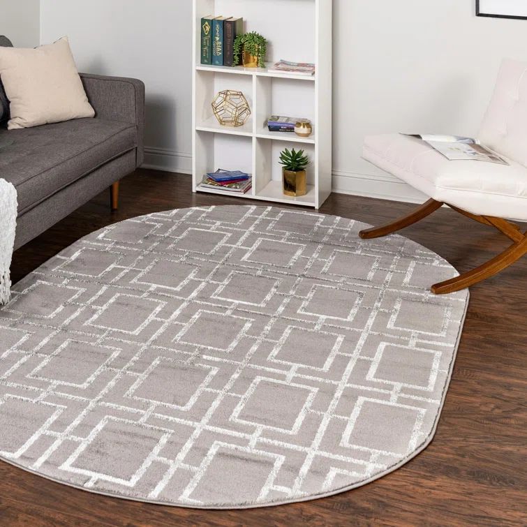 4' x 6' Oval Gray Silver Trellis Synthetic Area Rug