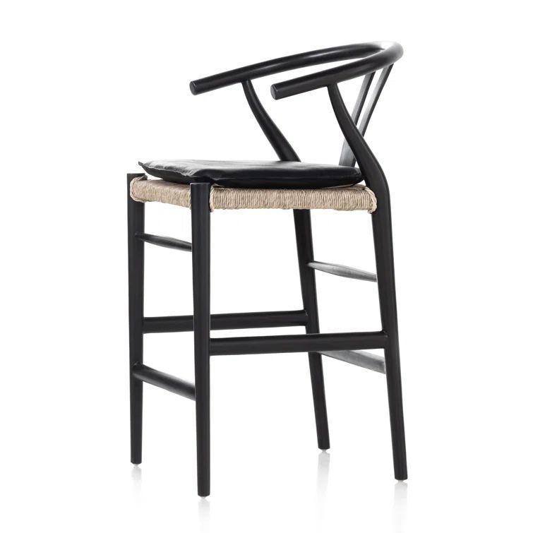 Saddle Style Black Leather Counter Stool with Black Teak Frame