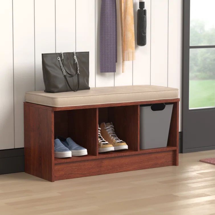 Dark Cherry Wood Storage Bench with Tan Cushion