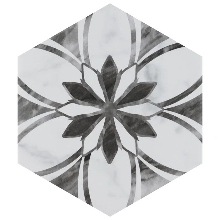 Classico Bardiglio Hex Floral 7" x 8" Porcelain Patterned Tile