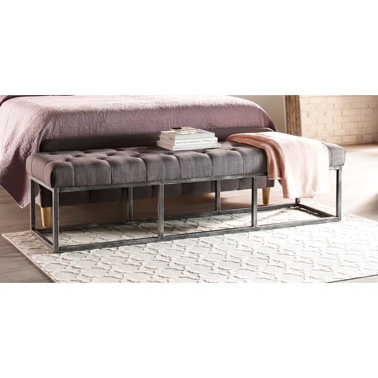 Midnight Charcoal Tufted Bench with Iron Legs, 72.5"