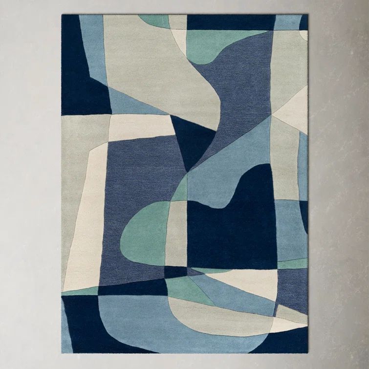 Blue and Beige Hand-Tufted Wool Rectangular Rug 6' x 9'