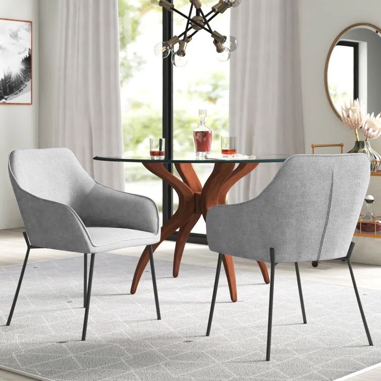 Daniella Gray Upholstered Arm Chairs with Black Metal Legs, Set of 2