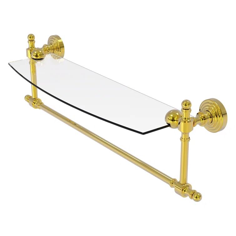 Polished Brass and Glass Wall Shelf with Towel Bar
