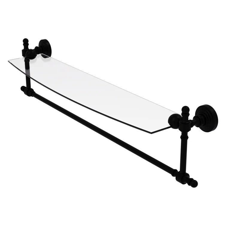 Matte Black Glass Wall Shelf with Towel Bar, 24-inch