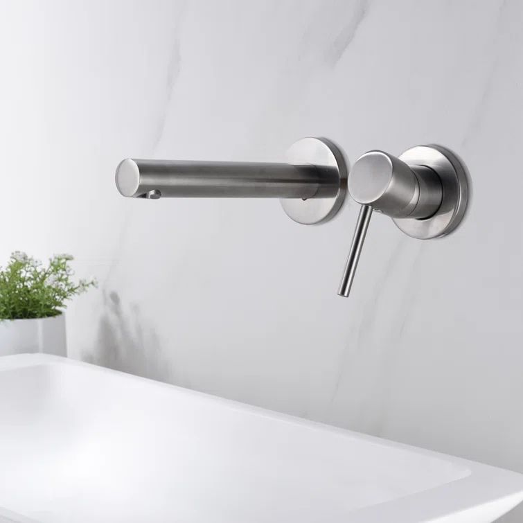 Brushed Nickel Wall-Mount Bathroom Faucet with Lever Handle