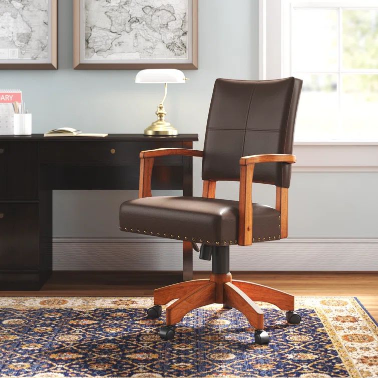 Espresso Leather Swivel Wood Banker Chair with Armrests