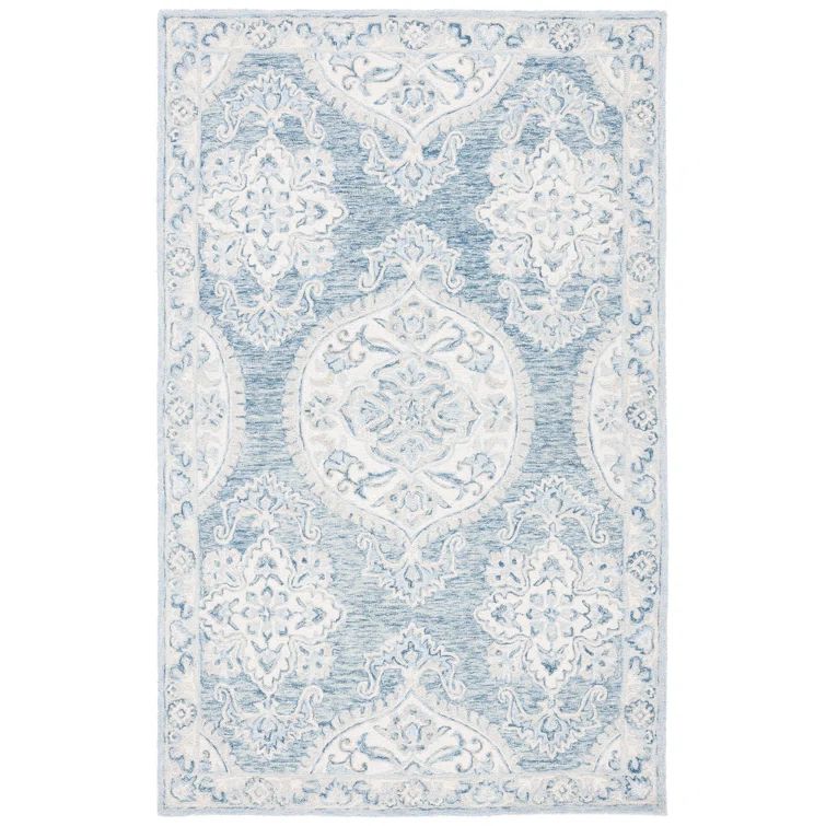 Ivory and Blue Hand-Knotted Wool Oriental Rug, 8' x 10'