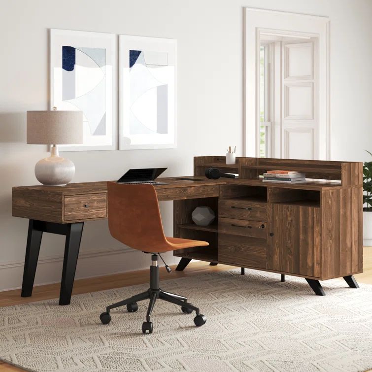 Natural Walnut L-Shaped Executive Desk with Hutch and Power Outlet