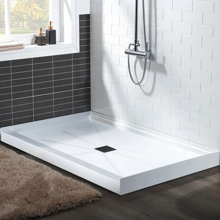 60" x 36" White Solid Surface Shower Pan with Matte Black Drain Cover