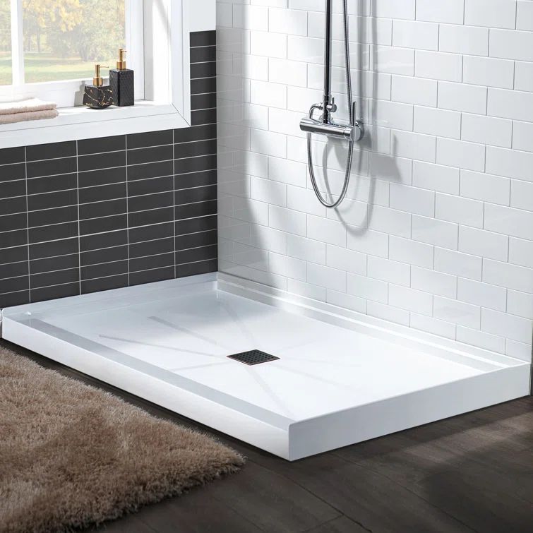 60" x 36" White Solid Surface Rectangular Shower Pan Base with Oil-Rubbed Bronze Drain Cover