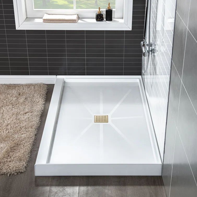 48" White Rectangular Shower Pan with Brushed Gold Drain