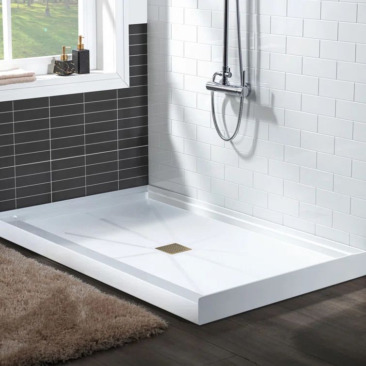 36" White Solid Surface Shower Pan Base with Brushed Gold Drain Cover