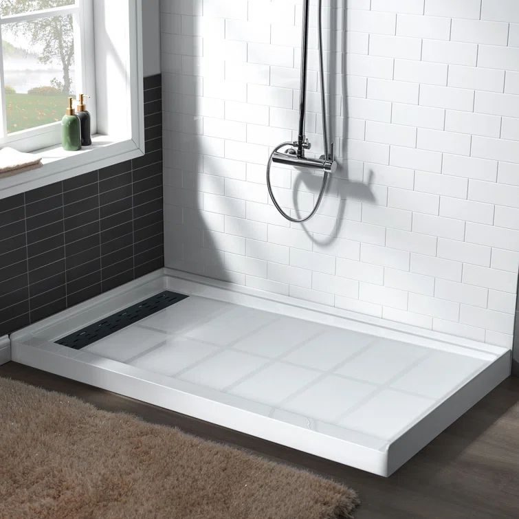 White Rectangular Shower Pan with Matte Black Drain Cover