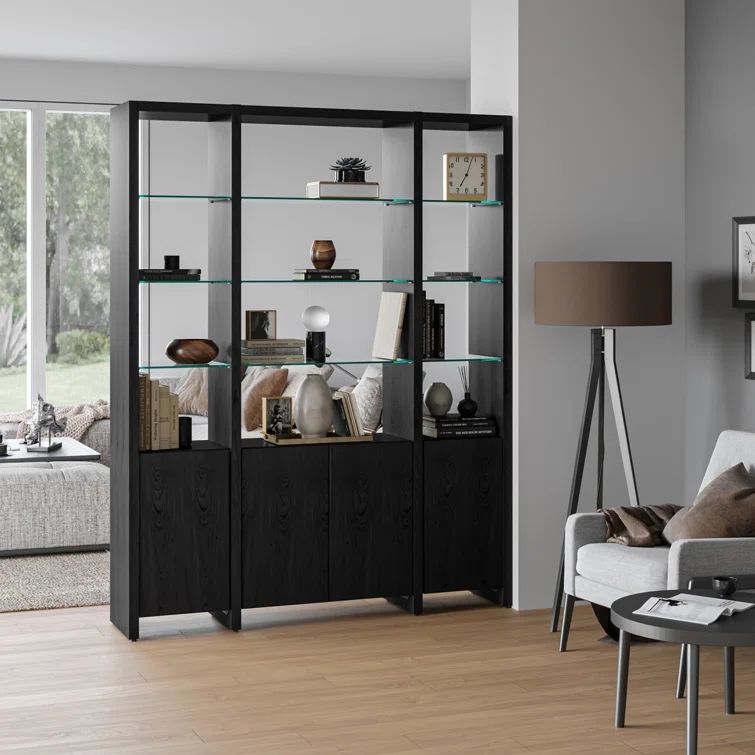 Charcoal Stained Ash and Clear Glass Adjustable Bookcase