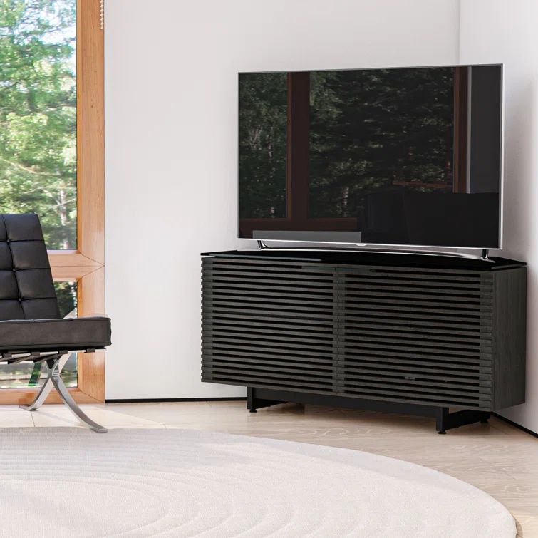 Charcoal Stained Ash Corner Media Cabinet with Louvered Doors