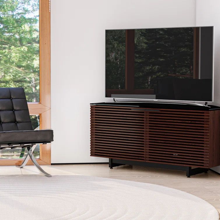 Chocolate Stained Walnut Corner Media Cabinet with Glass Top